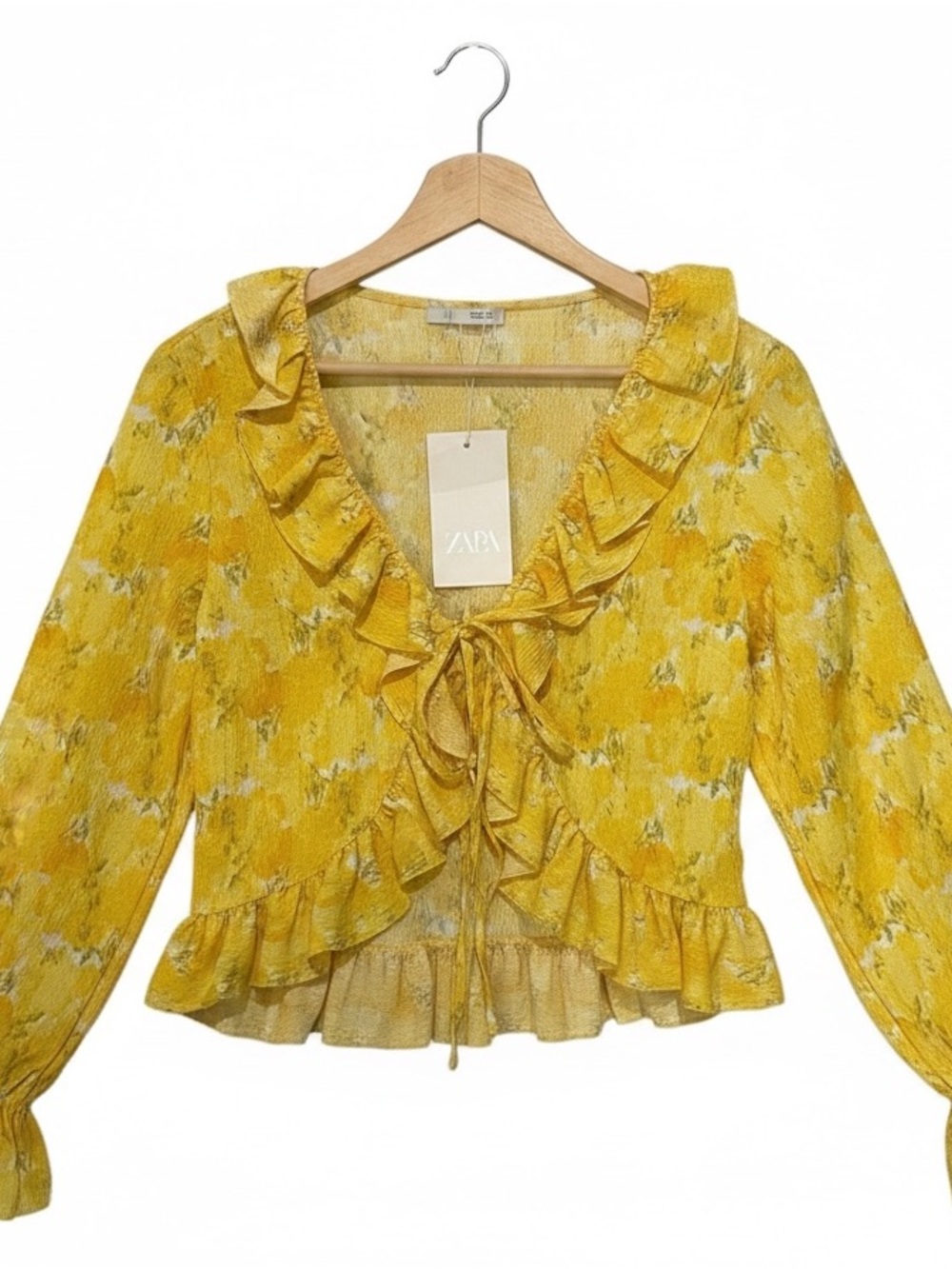 zara yellow floral ruffle long sleeve top